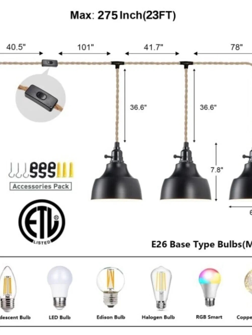 3 Light Plug in Pendant Farmhouse Hanging Light-Black